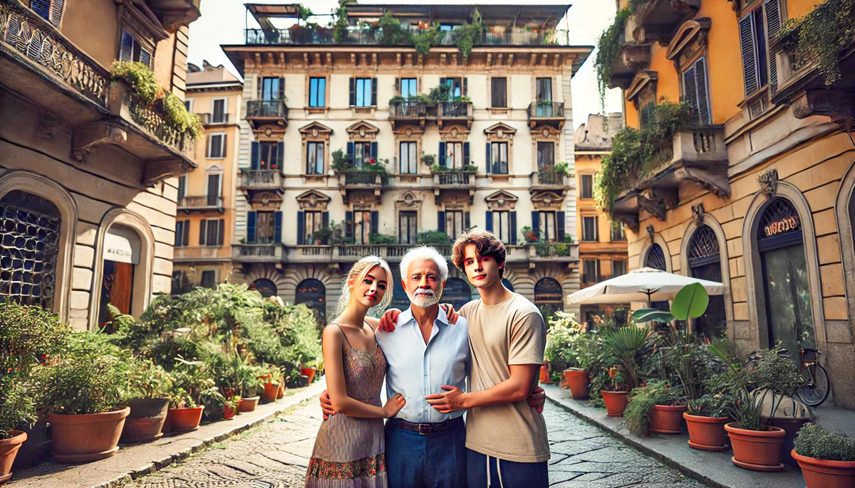 papa con due figli in strada di milano con palazzi storici