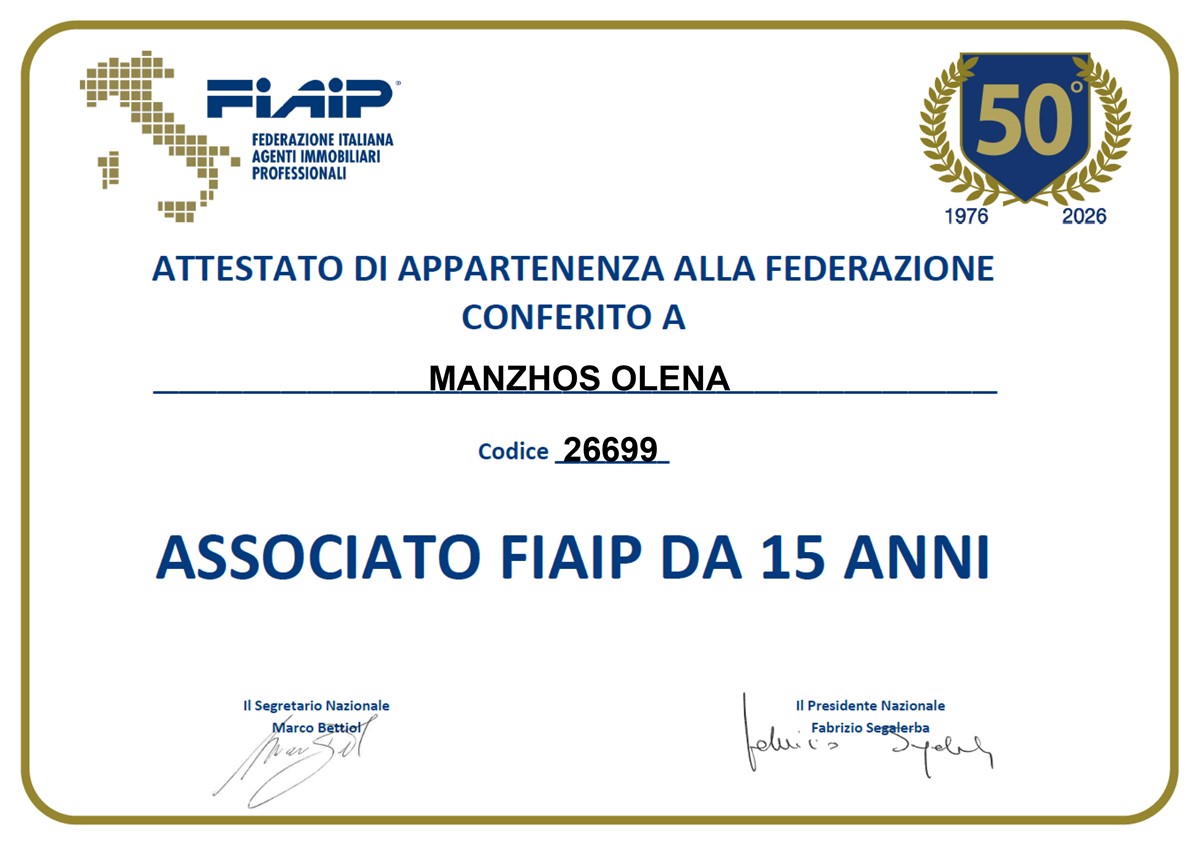Attestato partecipativo FIAIP 15 anni di Olena Manzhos